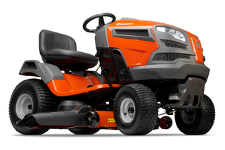 Side view of a Husqvarna ride-on lawn mower with cutting deck.