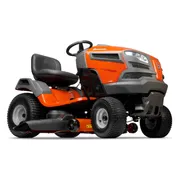 Husqvarna YTH1942. Side view of a Husqvarna ride-on lawn mower with cutting deck.