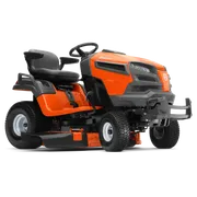 Side view of a Husqvarna ride-on mower showcasing its design and cutting deck.