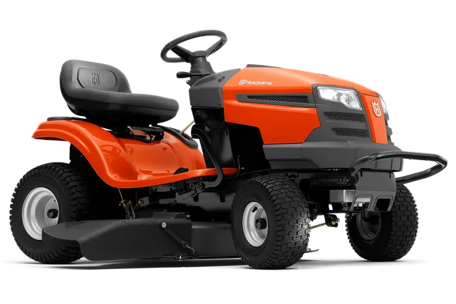 Side view of a Husqvarna ride-on lawn mower.