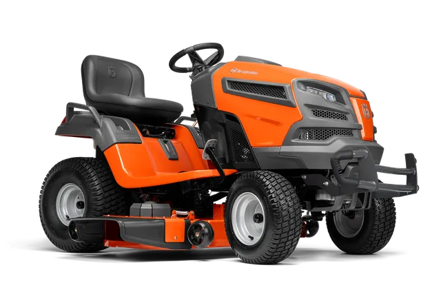 Side view of a Husqvarna ride-on lawn mower with cutting deck.