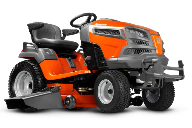 Side view of a Husqvarna ride-on lawn mower with cutting deck.
