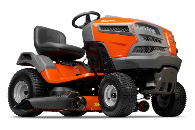 Side view of a Husqvarna ride-on lawn mower showcasing its design and features.