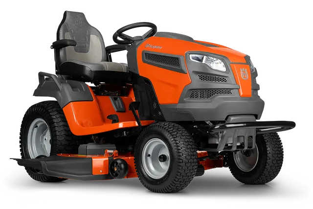 Side view of a Husqvarna ride-on mower with cutting deck.