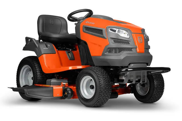 Side view of a Husqvarna ride-on lawn mower with cutting deck.