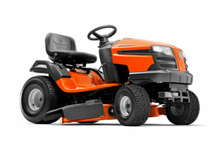 Vista lateral de un tractor cortacésped Husqvarna con equipo de corte visible.