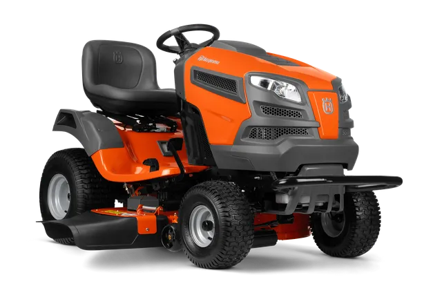 Front view of a Husqvarna ride-on lawn mower with cutting deck.