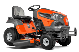 Side view of a Husqvarna ride-on lawn mower.