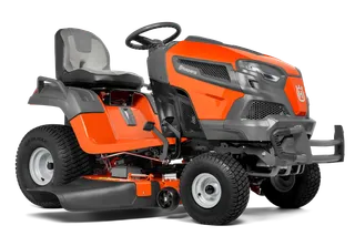 Side view of a Husqvarna ride-on lawn mower.