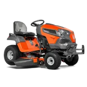 Side view of a Husqvarna ride-on lawn mower.