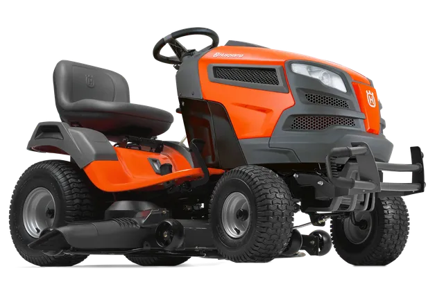 Side view of a Husqvarna ride-on lawn mower.
