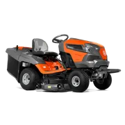 Side view of a Husqvarna ride-on lawn mower with cutting deck.