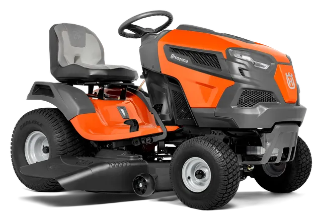 Zijaanzicht van een Husqvarna zitmaaier met het ontwerp en het maaidek.