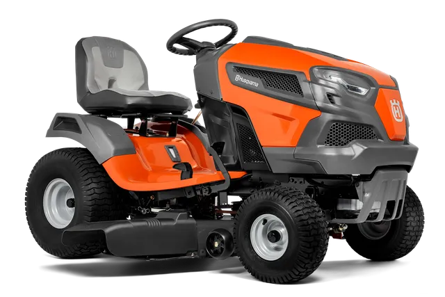 Zijaanzicht van een Husqvarna zitmaaier met zijn ontwerp en functies.