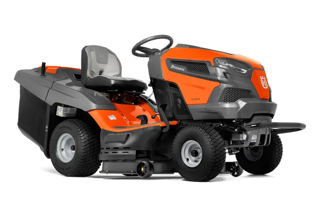 Zijaanzicht van een Husqvarna zitmaaier met grasopvangbak.
