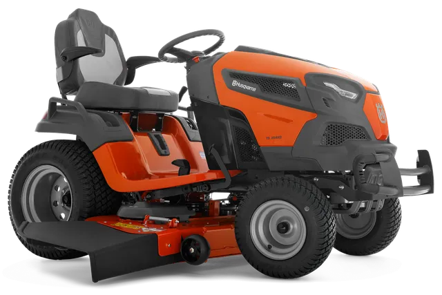 Side view of a Husqvarna ride-on mower with cutting deck.
