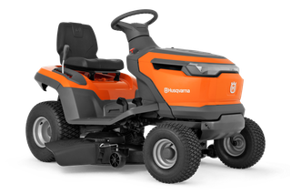 Side view of a Husqvarna ride-on lawn mower with visible cutting deck.