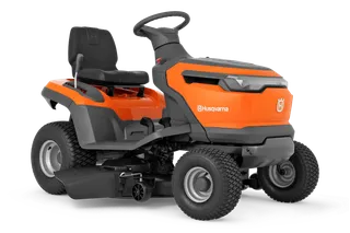 Side view of a Husqvarna ride-on lawn mower with visible cutting deck.