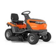 Side view of a Husqvarna ride-on lawn mower with visible cutting deck.