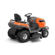 Rear view of a ride-on lawn mower with visible steering wheel and seat.