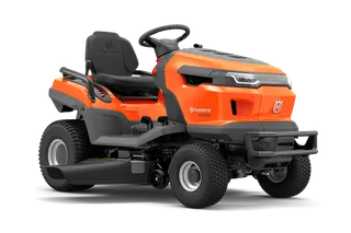 Side view of a Husqvarna ride-on mower with cutting deck.