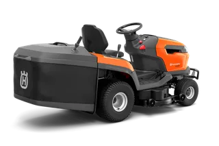 Rear view of a Husqvarna ride-on mower with visible steering wheel and seat.