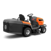 Rear view of a Husqvarna ride-on mower with visible steering wheel and seat.