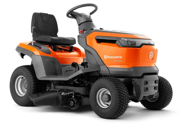 Side view of a Husqvarna ride-on mower with visible cutting deck.