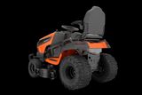 Rear view of a ride-on lawn mower with a cutting deck.