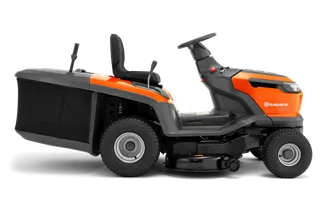 Side view of a Husqvarna ride-on lawn mower with grass collector.