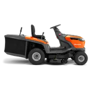 Side view of a Husqvarna ride-on lawn mower with grass collector.