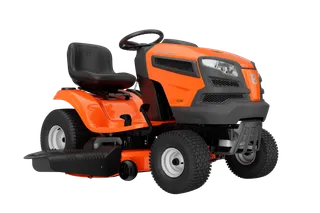 Side view of a Husqvarna ride-on lawn mower.