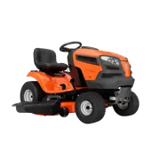 Side view of a Husqvarna ride-on lawn mower.