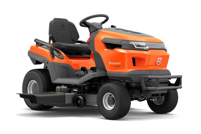 Side view of a Husqvarna ride-on mower with cutting deck.