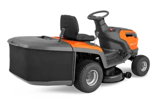 Side view of a Husqvarna ride-on lawn mower with a grass collector attached.
