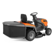 Side view of a Husqvarna ride-on lawn mower with a grass collector attached.