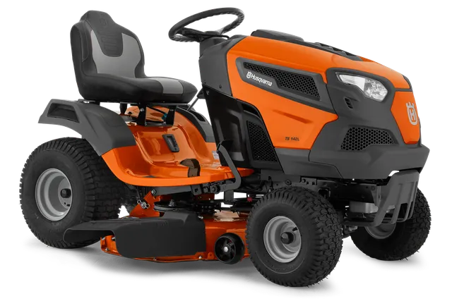 Side view of a Husqvarna ride-on lawn mower.