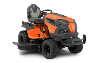 Front view of a Husqvarna ride-on mower with an archived overlay.