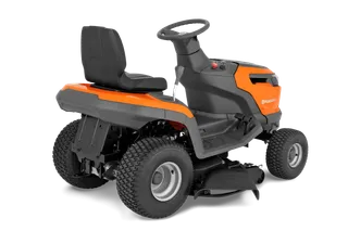 Rear view of a Husqvarna ride-on mower showcasing its sturdy design and cutting deck.