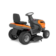 Rear view of a Husqvarna ride-on mower showcasing its sturdy design and cutting deck.