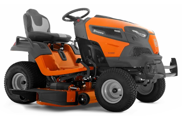 Side view of a Husqvarna ride-on mower showcasing its design and cutting deck.