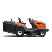 Side view of a Husqvarna ride-on mower with grass collection unit.