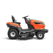 Side view of a ride-on lawn mower with cutting deck.