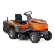 Side view of a Husqvarna ride-on lawn mower with cutting deck.