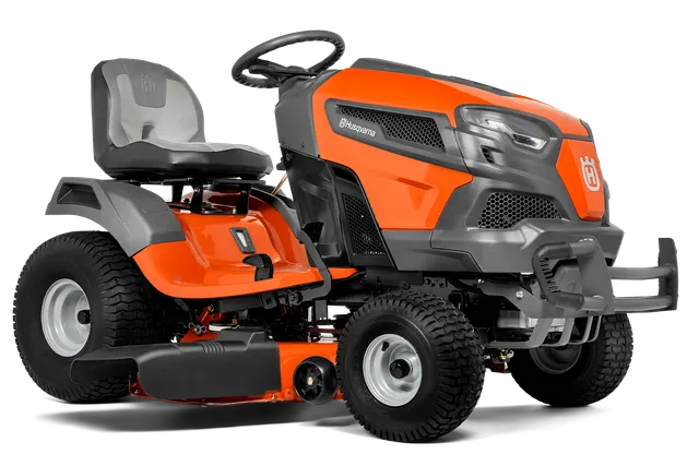 Side view of a Husqvarna ride-on lawn mower showcasing its design and features.