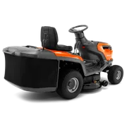 Husqvarna pealistuva niiduki tagantvaade koos murukogumiskotiga.