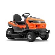 Edestä view Husqvarnan ajettavasta ruohonleikkurista, jossa on ergonominen istuin ja ohjauspyörä.