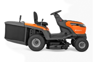 Side view of a Husqvarna ride-on lawn mower with grass collection system.