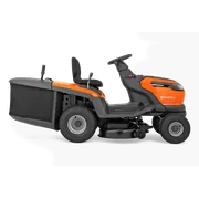 Side view of a Husqvarna ride-on lawn mower with grass collection system.
