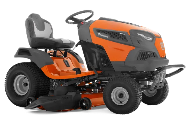 Side view of a Husqvarna ride-on lawn mower with visible cutting deck.